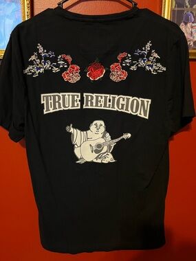 True Religion Black Tee with White Logo and Red Floral Embroidery